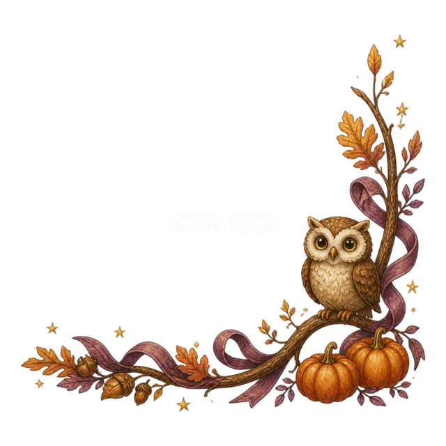 フクロウ・かぼちゃ・紅葉を飾った水彩ハロウィンコーナー（背景透過PNG）