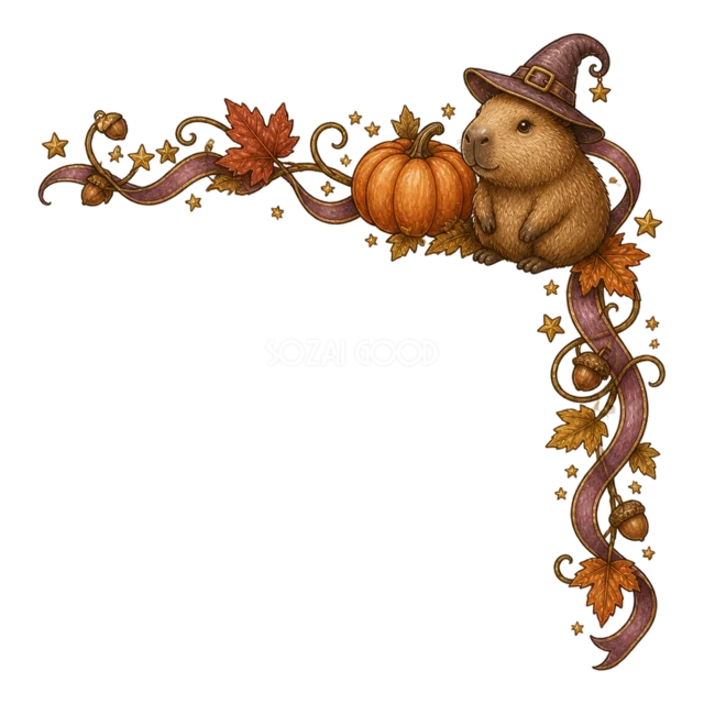 魔女帽子のカピバラとかぼちゃの水彩ハロウィンコーナー（背景透過PNG）