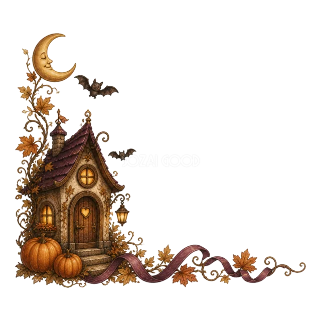 三日月・お化け屋敷・かぼちゃの水彩ハロウィンコーナー（背景透過PNG）