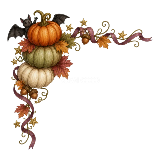 コウモリと3段かぼちゃを飾った水彩ハロウィンコーナー（背景透過PNG）