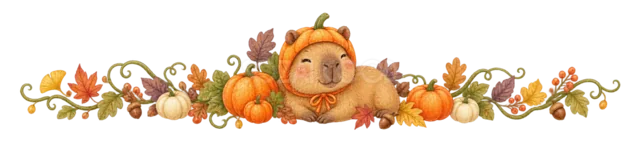 かぼちゃに入ったハリネズミと秋の実りの水彩ハロウィンライン（背景透過PNG）