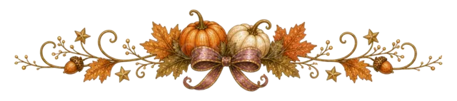 大小のかぼちゃ・紅葉・リボンの水彩ハロウィンライン（背景透過PNG）