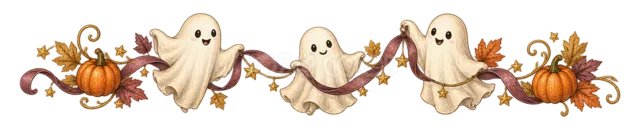白いおばけ3体とかぼちゃの水彩ハロウィンライン（背景透過PNG）