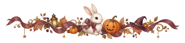 白うさぎ・かぼちゃ・魔女帽子の水彩ハロウィンライン（背景透過PNG）