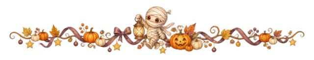 かわいいミイラ・かぼちゃ・お菓子の水彩ハロウィンライン（背景透過PNG）