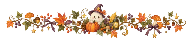 黒猫・魔女帽子・おばけ・かぼちゃの水彩ハロウィンライン（背景透過PNG）