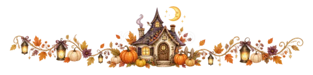 お化け屋敷・かぼちゃ・ランタンの水彩ハロウィンライン（背景透過PNG）
