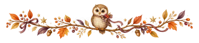 紅葉の枝に止まるフクロウの水彩ハロウィンライン（背景透過PNG）