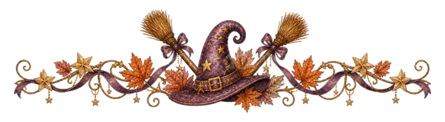 魔女帽子・ほうき・紅葉を並べた水彩ハロウィンライン（背景透過PNG）