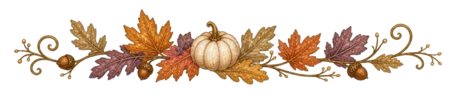 紅葉とかぼちゃを並べた秋色の水彩ハロウィンライン（背景透過PNG）