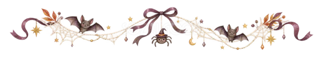 クモの巣・クモ・コウモリ・紫リボンの水彩ハロウィンライン（背景透過PNG）