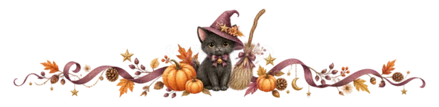 魔女帽子の黒猫・かぼちゃ・リボンの水彩ハロウィンライン（背景透過PNG）
