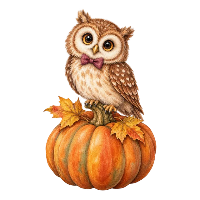 大きなかぼちゃに止まるフクロウの水彩ハロウィンイラスト（背景透過PNG）