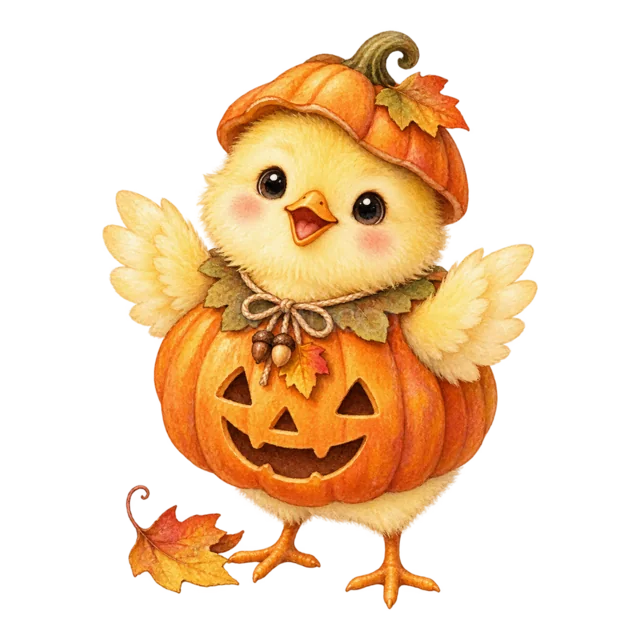 かぼちゃの仮装をしたひよこの水彩ハロウィンイラスト（背景透過PNG）