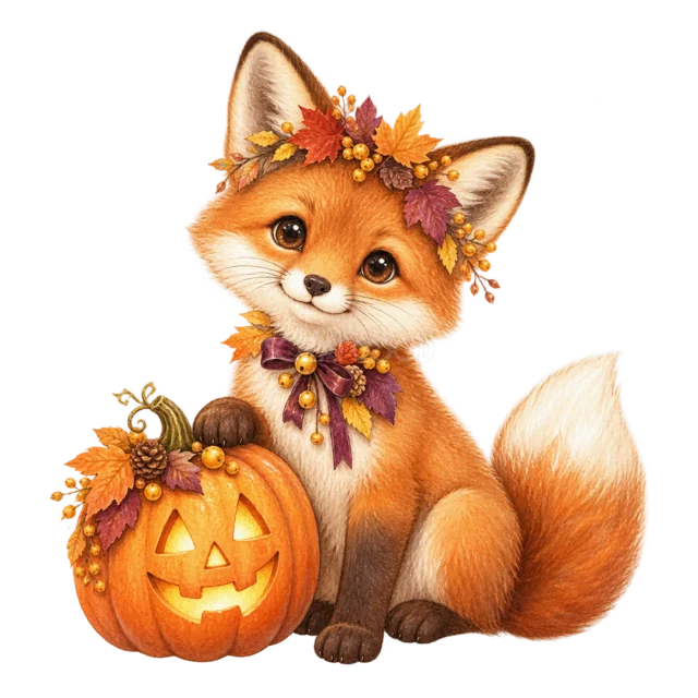 ジャックオランタンと並ぶ花飾り姿のキツネの水彩ハロウィンイラスト（背景透過PNG）