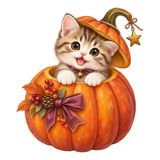 大きなかぼちゃから顔を出す子猫の水彩ハロウィンイラスト（背景透過PNG）