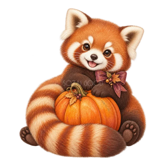 かぼちゃを抱えて座るレッサーパンダの水彩ハロウィンイラスト（背景透過PNG）
