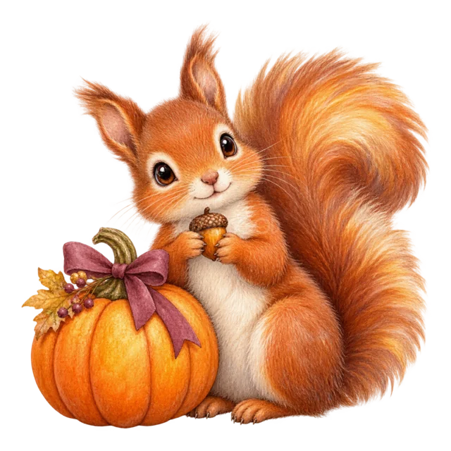 大きなかぼちゃに寄り添うリスの水彩ハロウィンイラスト（背景透過PNG）