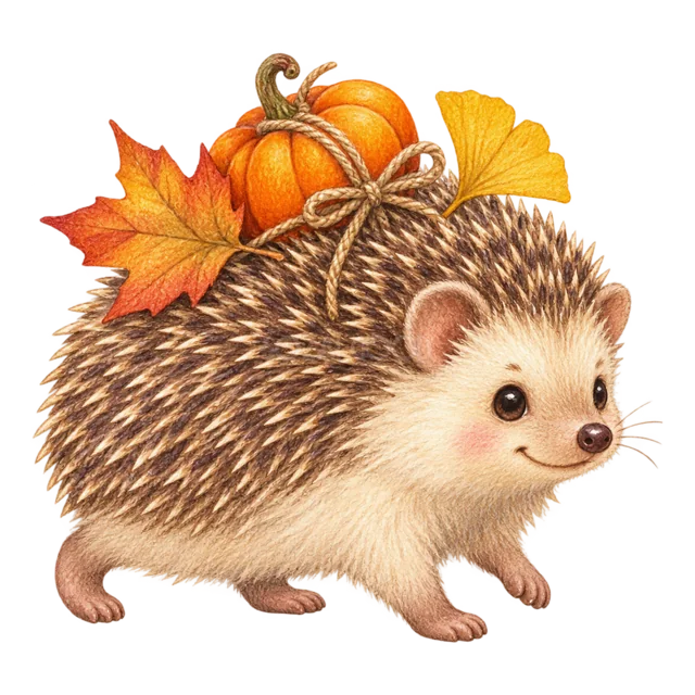 紅葉とかぼちゃを背負って歩くハリネズミの水彩イラスト（背景透過PNG）