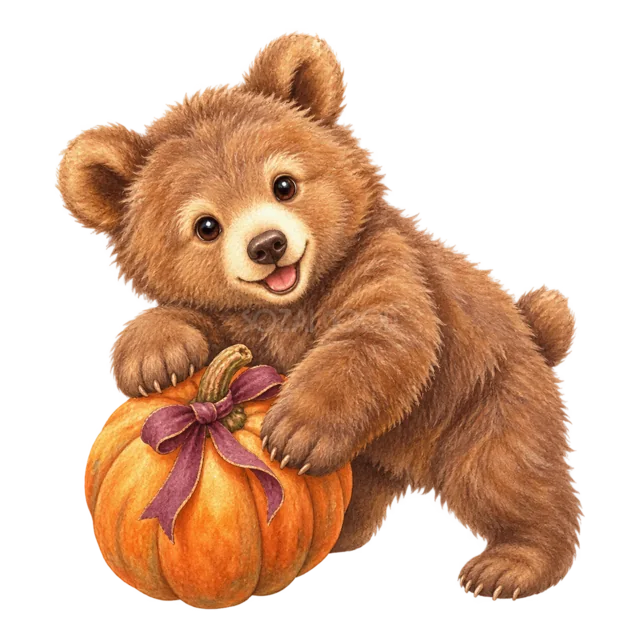 リボン付きのかぼちゃを抱える子ぐまの水彩ハロウィンイラスト（背景透過PNG）