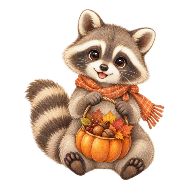 落ち葉入りのかぼちゃバケツを持つアライグマの水彩イラスト（背景透過PNG）
