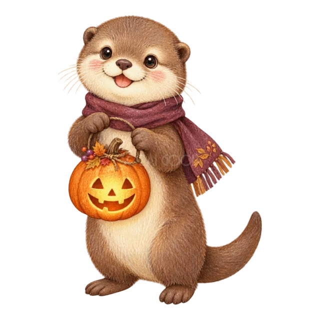 かぼちゃのバケツを持つカワウソの水彩ハロウィンイラスト（背景透過PNG）