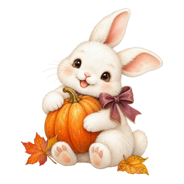 大きなかぼちゃを抱える白うさぎの水彩ハロウィンイラスト（背景透過PNG）