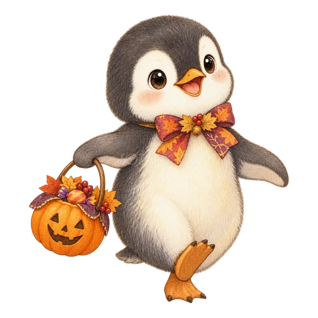 お菓子入りのかぼちゃバケツを持つペンギンの水彩ハロウィンイラスト（背景透過PNG）