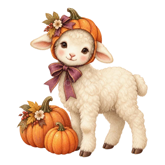 かぼちゃと並ぶ花飾り姿の子羊の水彩ハロウィンイラスト（背景透過PNG）