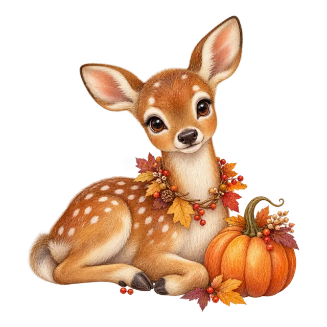 かぼちゃと紅葉に囲まれて座る子鹿の水彩ハロウィンイラスト（背景透過PNG）