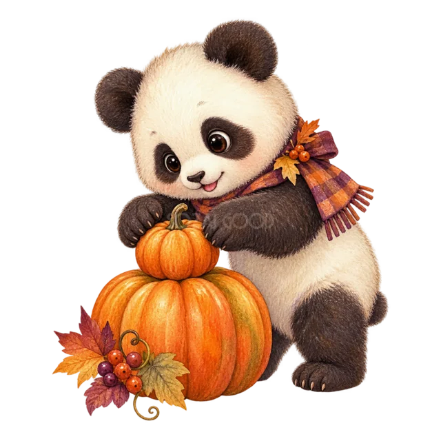 大きなかぼちゃを抱えるパンダの水彩ハロウィンイラスト（背景透過PNG）