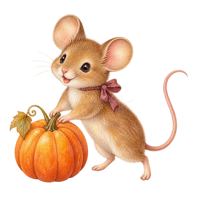 大きなかぼちゃに寄り添うネズミの水彩ハロウィンイラスト（背景透過PNG）