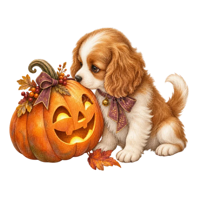 ジャックオランタンの横に座る子犬の水彩ハロウィンイラスト（背景透過PNG）