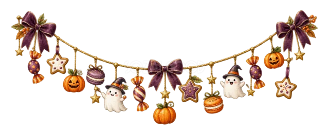 かぼちゃ・おばけ・クッキーを吊るした水彩ハロウィンガーランド（背景透過PNG）