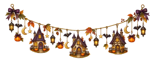 小さなお化け屋敷とランタンを吊るした水彩ハロウィンガーランド（背景透過PNG）
