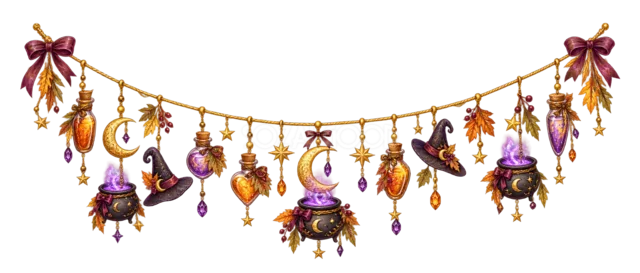 大釜・魔女帽子・魔法薬を吊るした水彩ハロウィンガーランド（背景透過PNG）