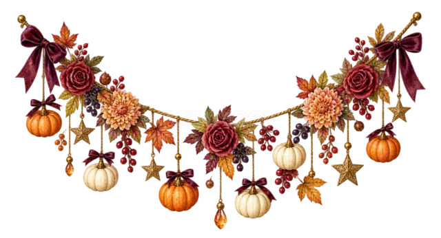赤いバラ・かぼちゃ・紅葉を吊るした華やかな水彩ガーランド（背景透過PNG）