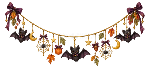コウモリ・クモの巣・三日月を吊るした水彩ハロウィンガーランド（背景透過PNG）