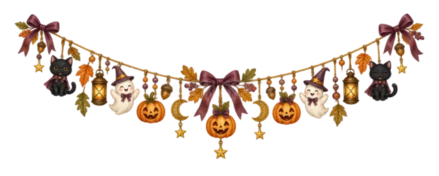黒猫・おばけ・かぼちゃを吊るした水彩ハロウィンガーランド（背景透過PNG）