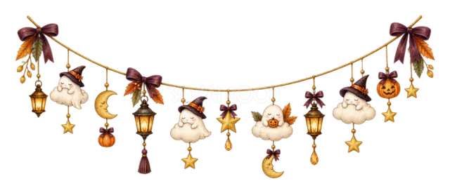 白いおばけ・雲・三日月・星を吊るした水彩ガーランド（背景透過PNG）