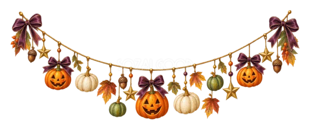 色とりどりのかぼちゃと紅葉を吊るした水彩ハロウィンガーランド（背景透過PNG）