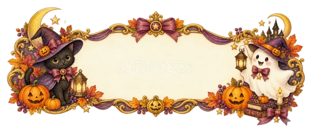 魔女帽子と猫とかぼちゃのハロウィン吹き出しフレーム