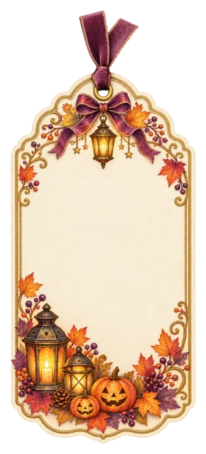 ランタン・かぼちゃ・紅葉を飾った縦長ハロウィンギフトタグ（背景透過PNG）