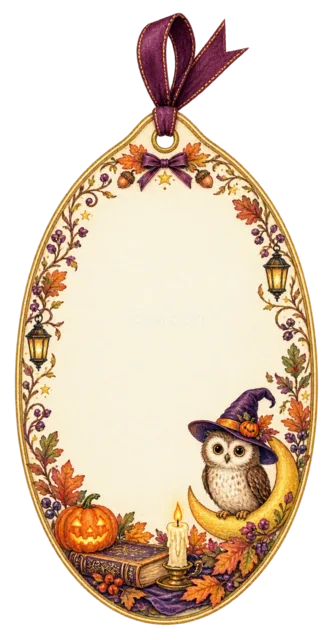魔女帽子のフクロウとかぼちゃを飾った楕円ギフトタグ（背景透過PNG）