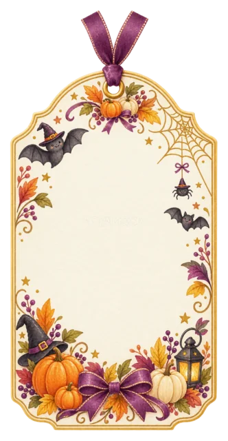 コウモリ・白いかぼちゃ・紅葉を飾ったギフトタグ（背景透過PNG）