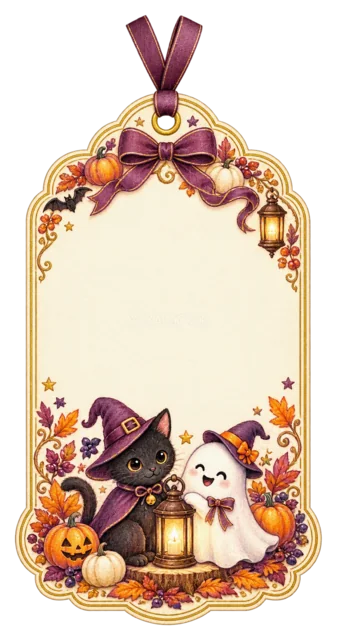 黒猫・おばけ・ランタンを飾った縦長ハロウィンギフトタグ（背景透過PNG）
