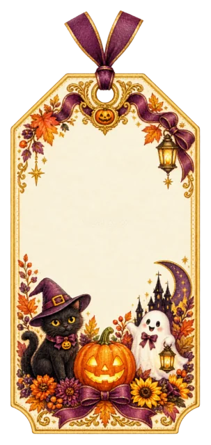 魔女帽子の黒猫・おばけ・かぼちゃのギフトタグ（背景透過PNG）