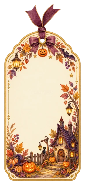 お化け屋敷とかぼちゃを飾った縦長ハロウィンギフトタグ（背景透過PNG）