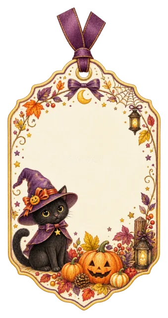魔女帽子の黒猫・クモの巣・かぼちゃのギフトタグ（背景透過PNG）