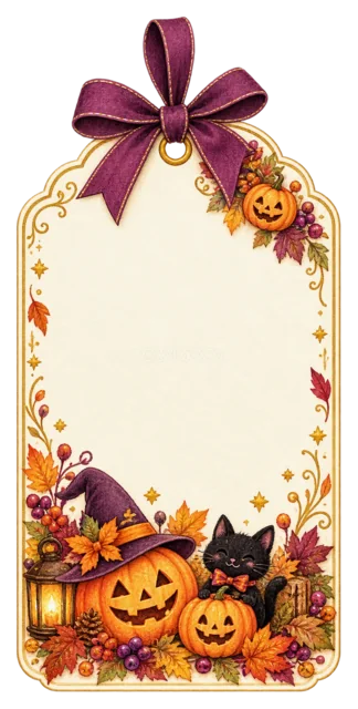 黒猫・かぼちゃ・紅葉を飾った縦長ハロウィンギフトタグ（背景透過PNG）